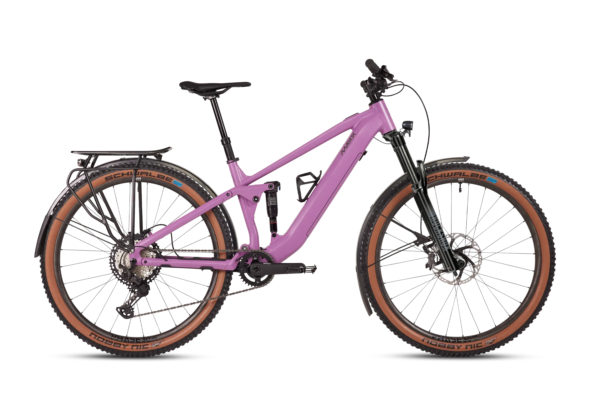 MAXX Jinxx ELF Tour E-Bike in hellvioletter Lackierung, Seitenansicht mit voller Federung, Gepäckträger, Schutzblechen und breiten Reifen.