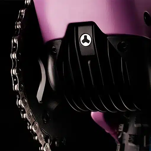 Detailansicht des Kettenblatts und des Motorsockels eines MAXX Jinxx ELF Ride 60 E-Mountainbikes in Lila.
