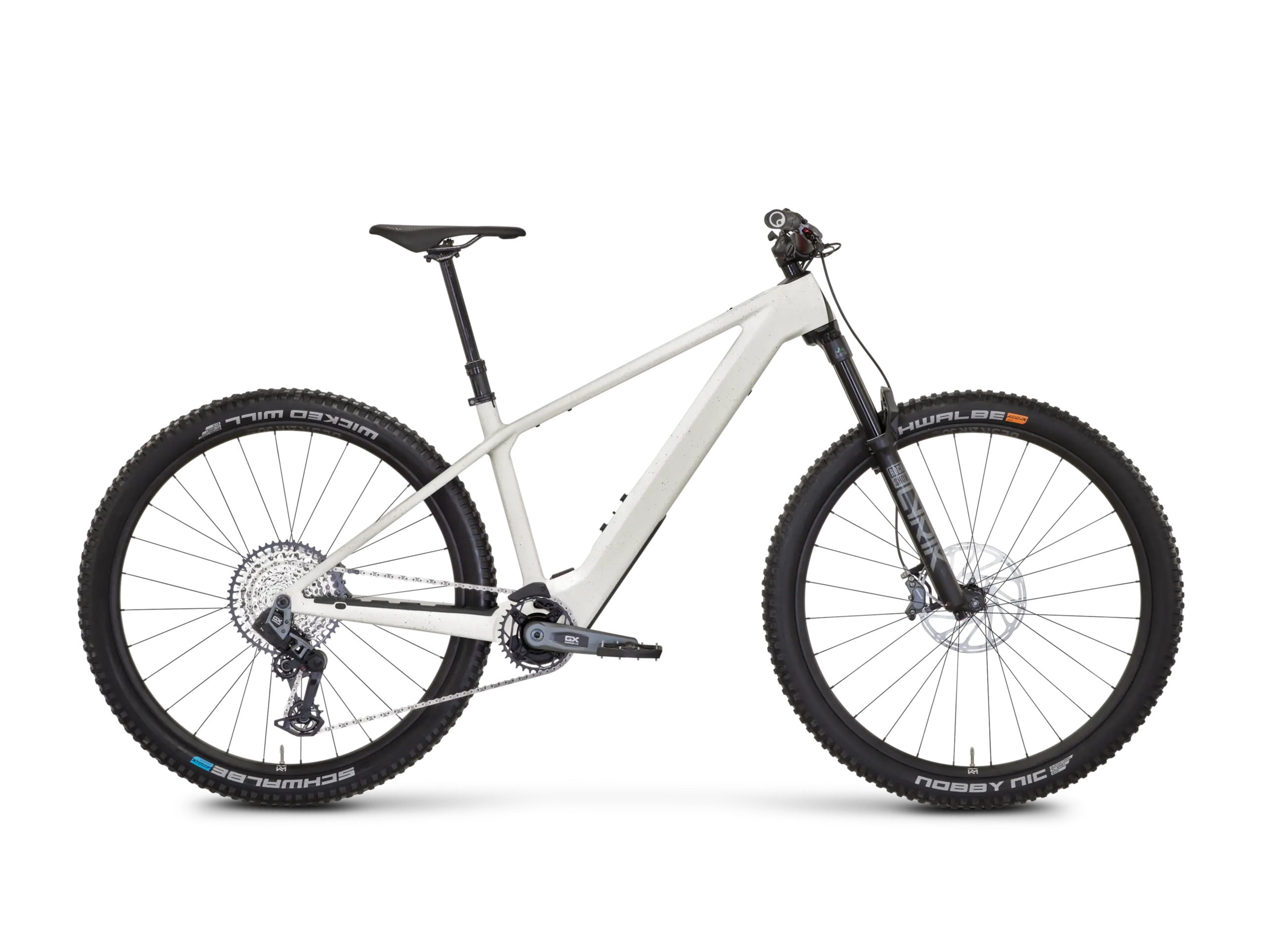 Weißes Rose Bonero Plus 3 E-Mountainbike mit schwarzen Details, Seitenansicht.