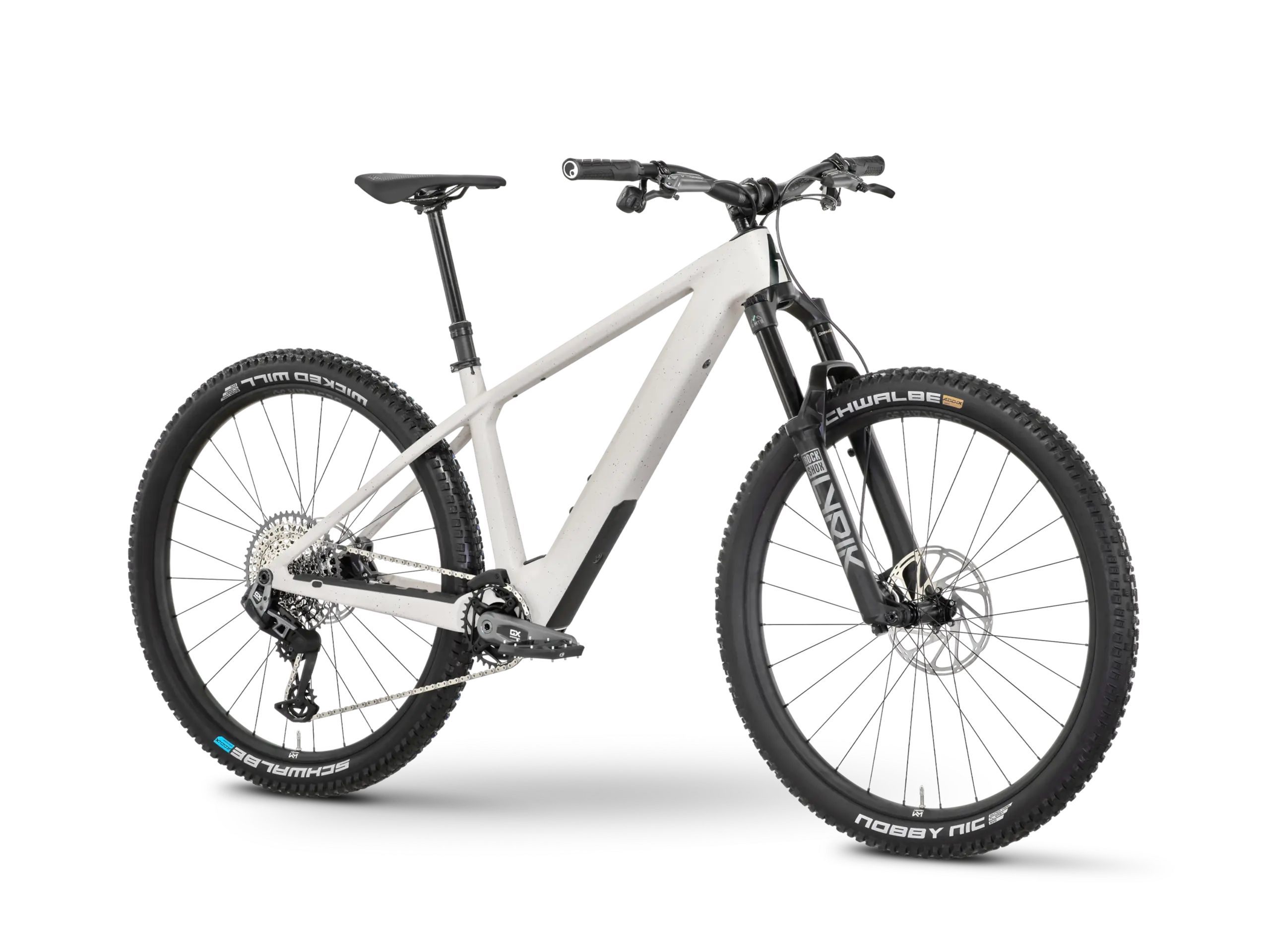 Seitliche Ansicht eines weißen Rose Bonero Plus 3 E-MTB mit schwarzer Federgabel und Reifen.