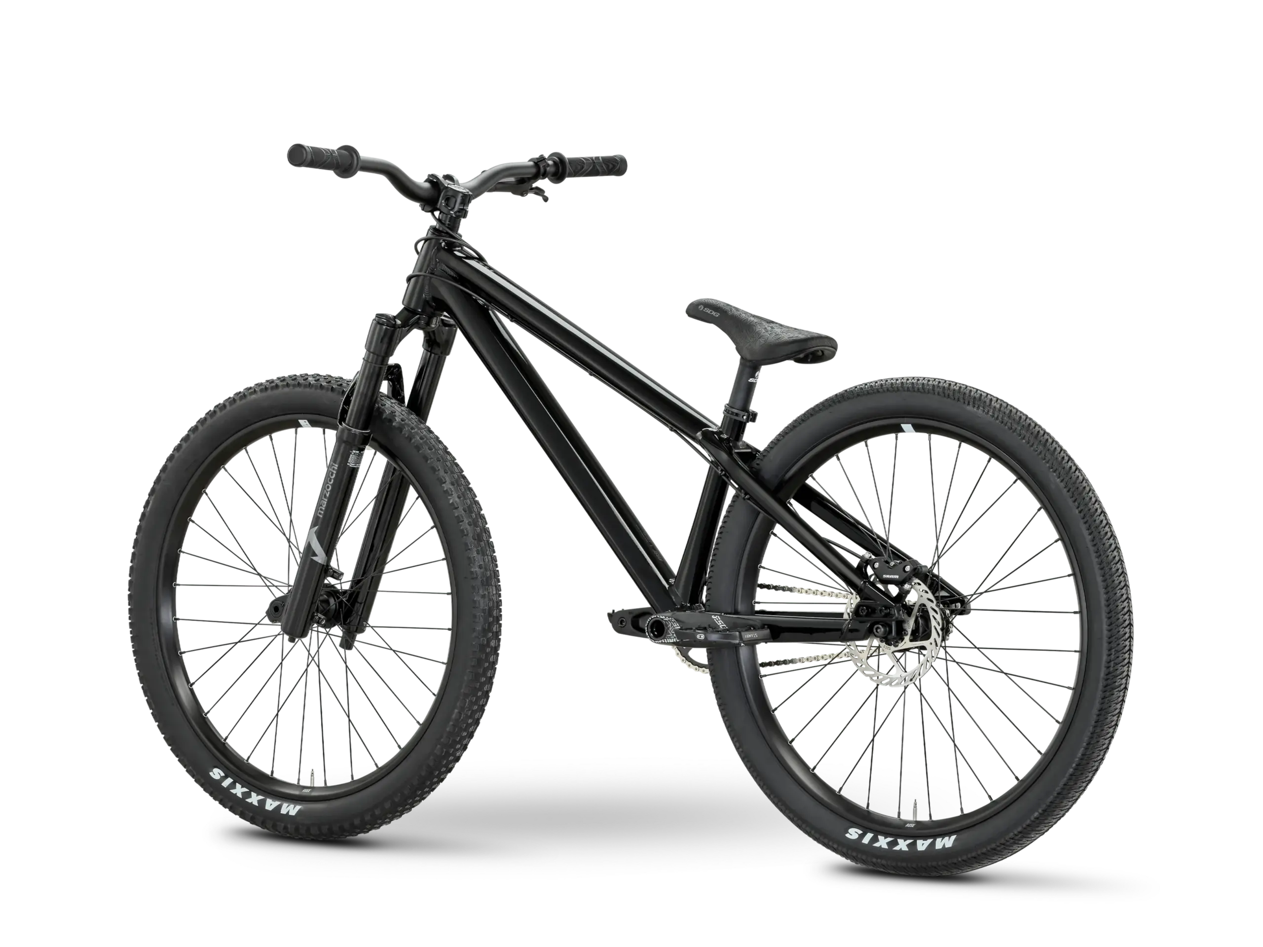 Ganzansicht eines schwarzen Rose Bruce 2 Dirt Jump Bikes mit Marzocchi Bomber DJ Gabel und Maxxis Reifen.