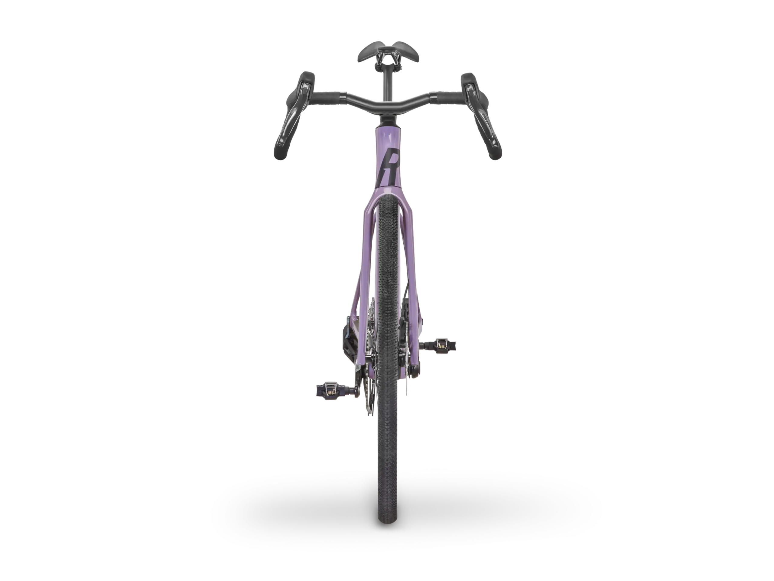 Frontale Ansicht eines violetten Canyon Backroad FF Gravelbikes mit schwarzen Lenkerbändern und Pedalen, auf einem grauen Hintergrund mit Schattenwurf.