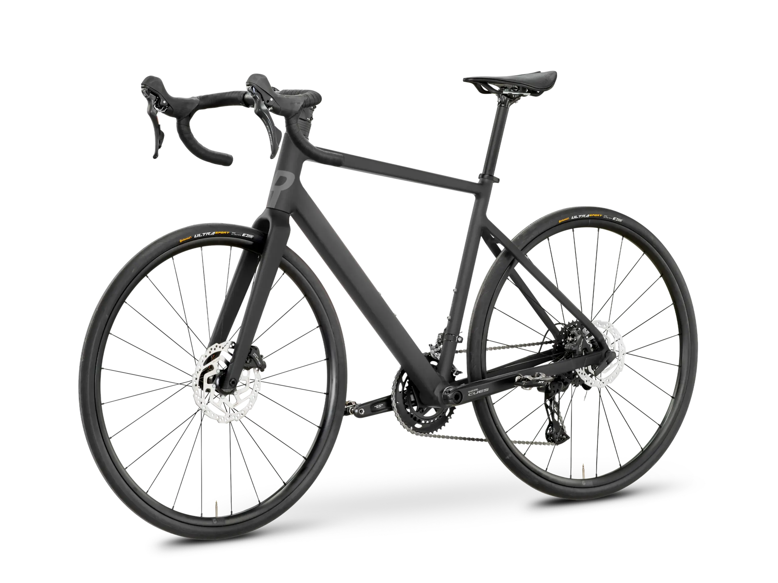 Schwarz lackiertes Rose Blend Road Fahrrad mit Rennradlenker, Scheibenbremsen und breiter Reifenfreiheit.