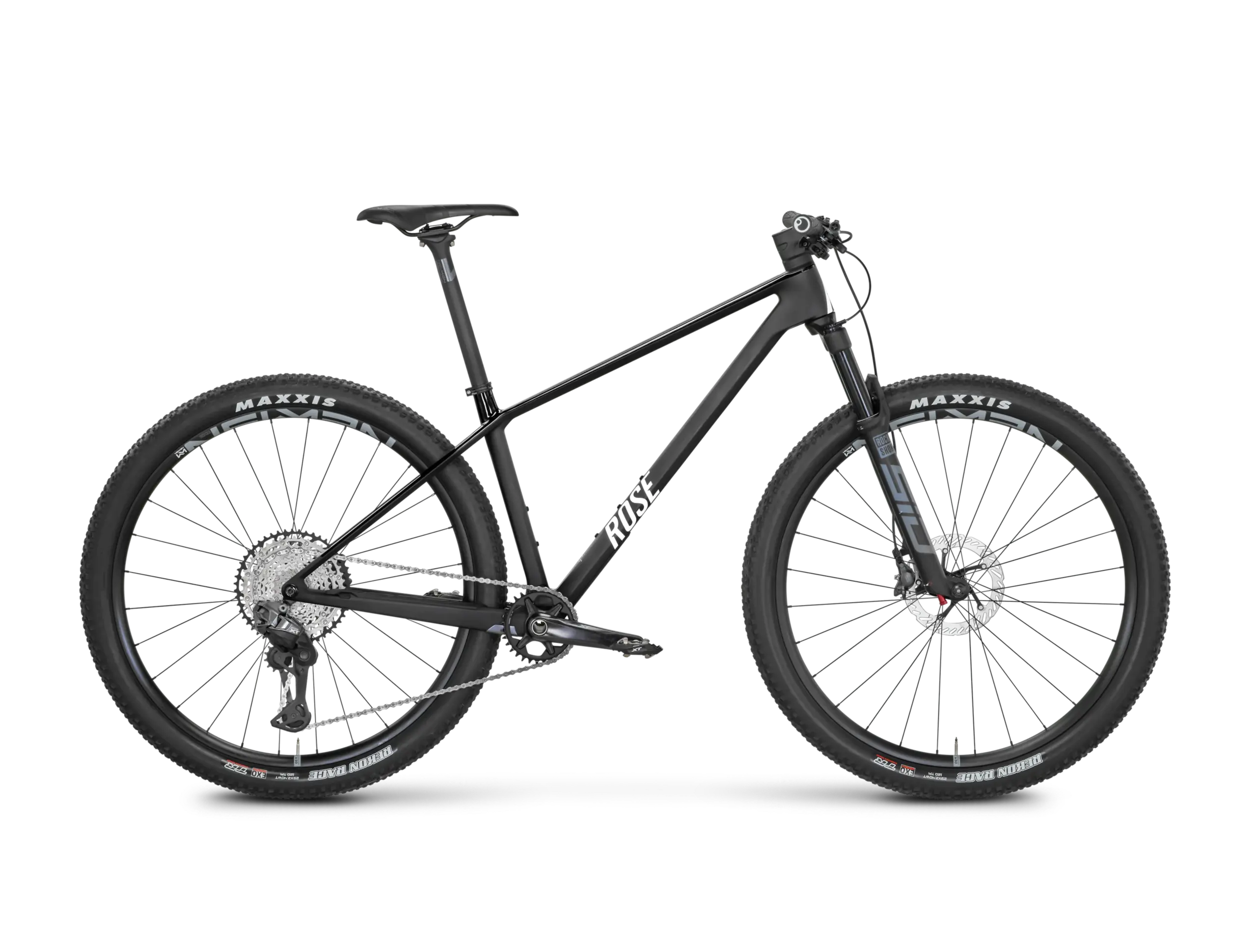 Schwarzes ROSE PDQ XT Di2 Mountainbike im Seitenprofil mit Fokus auf den Rahmen und die Komponenten.