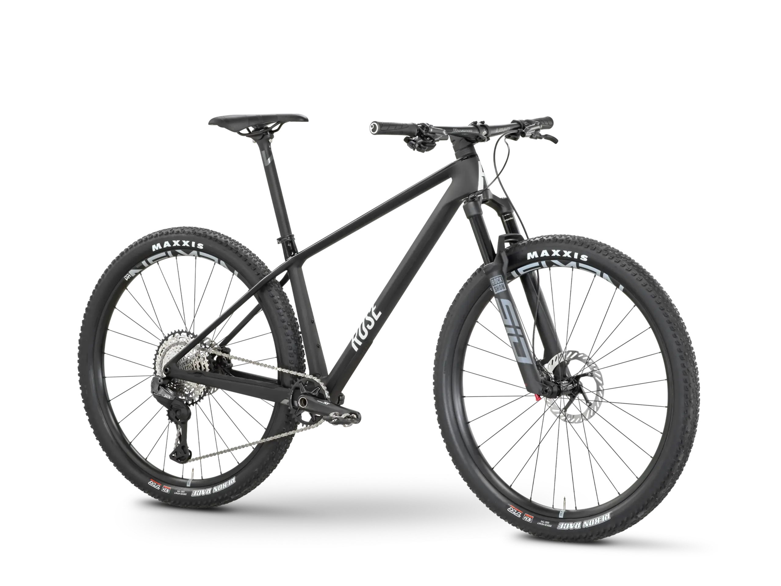 Schwarz-graues ROSE PDQ XT Di2 Mountainbike mit vollständiger Federung, 29-Zoll-Rädern und Shimano XT Komponenten.