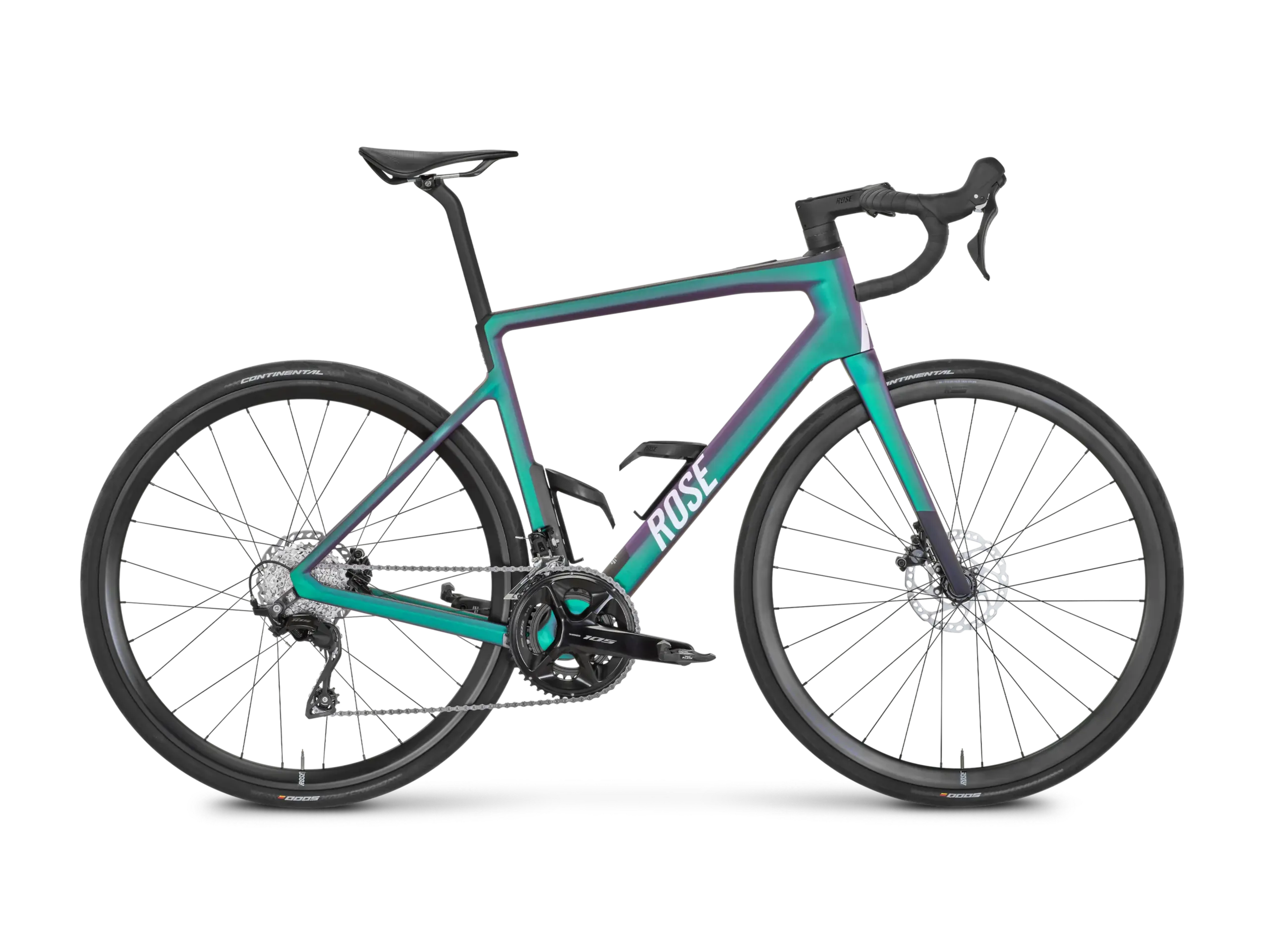 Seitenansicht eines Rose Reveal Endurance-Rennrads in Petrol/Violett-Farbverlauf