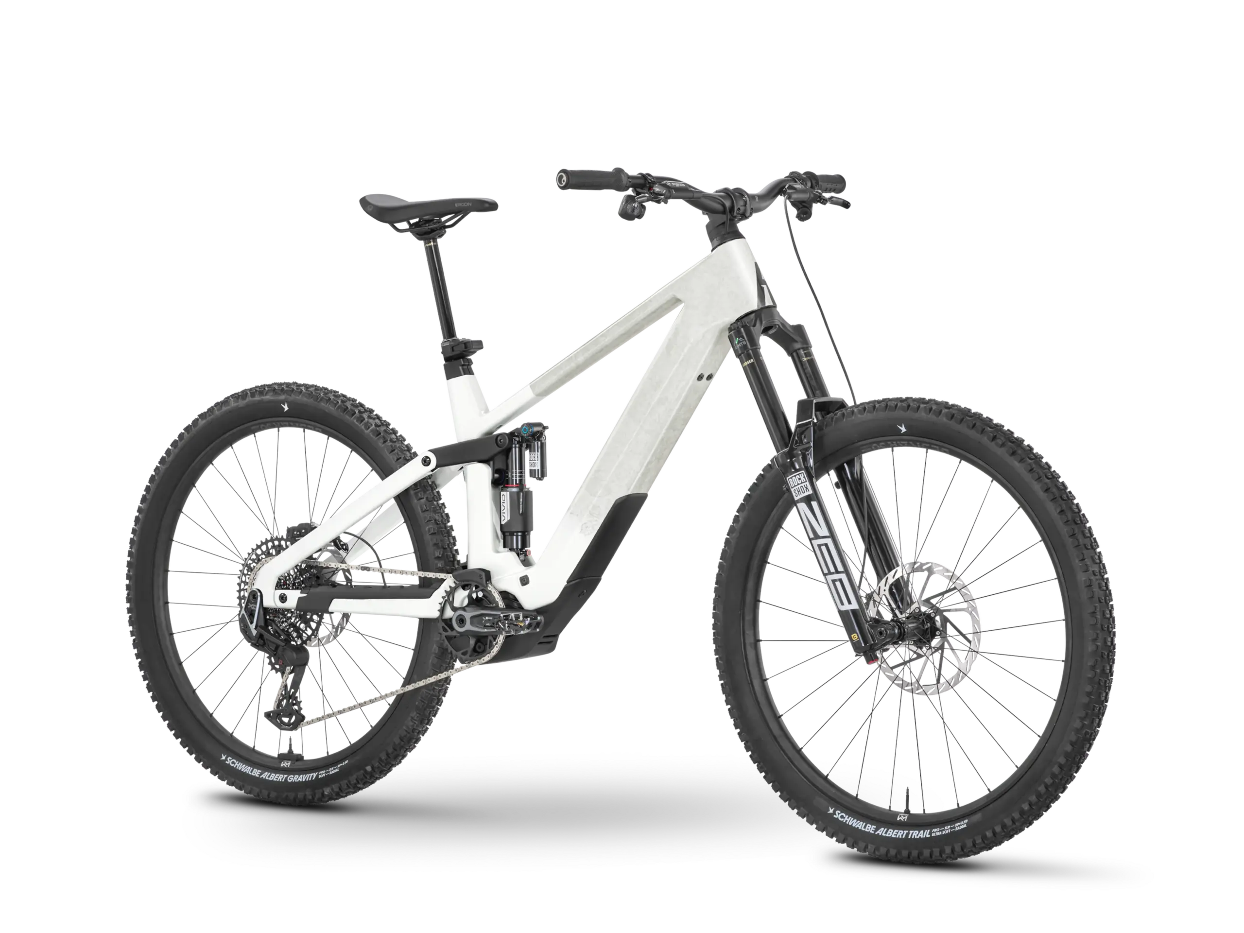 Rose Slab Plus X0 E-Enduro Mountainbike in weiß mit schwarzer Federgabel und Dämpfer, ausgestattet mit SRAM X0 Schaltung und Bosch Performance Line CX Gen 5 Motor.