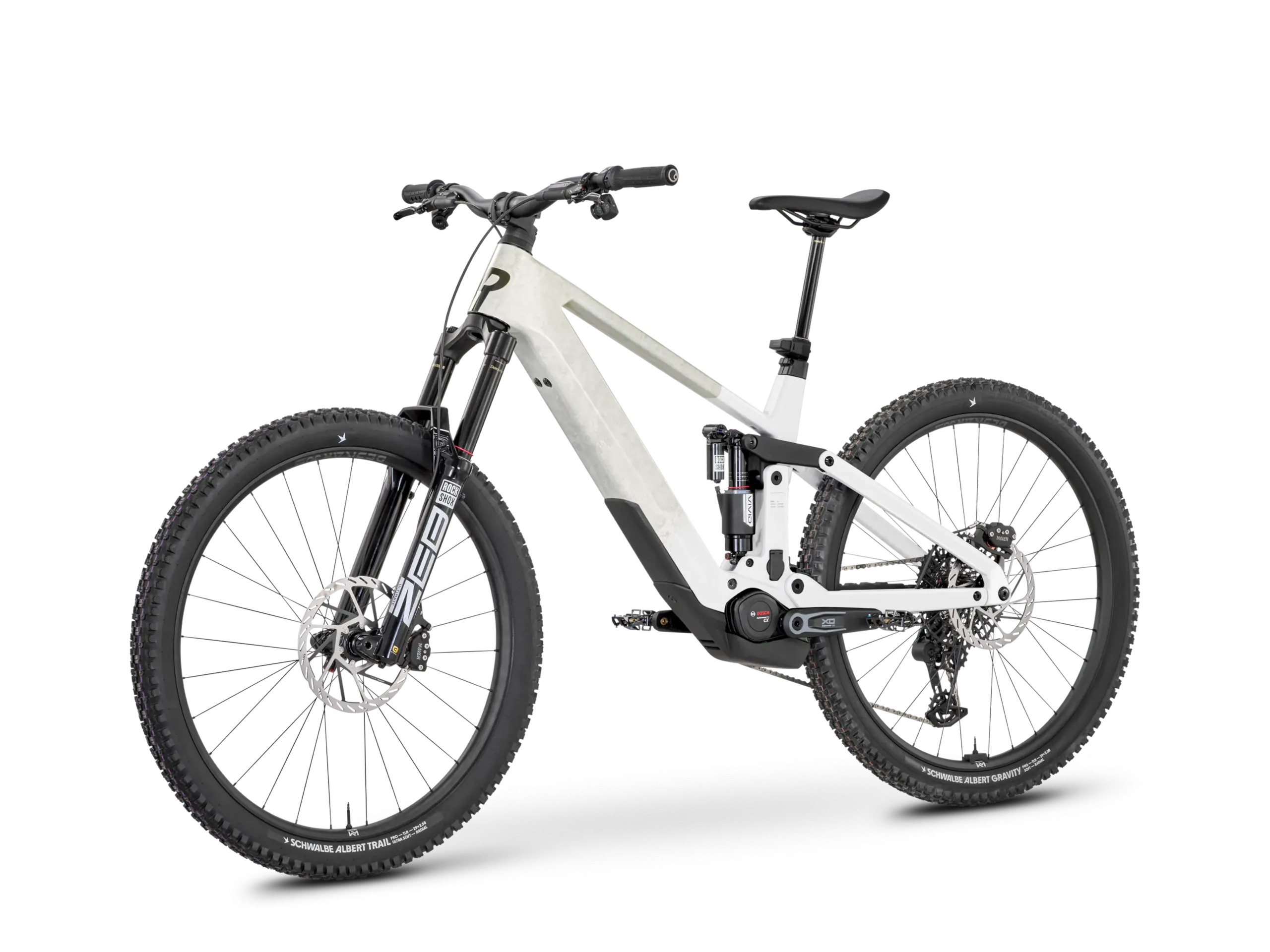 Ein weißes Rose Slab Plus X0 E-Enduro Mountainbike mit schwarzem Lenker und Sattel, gezeigt im Profil.
