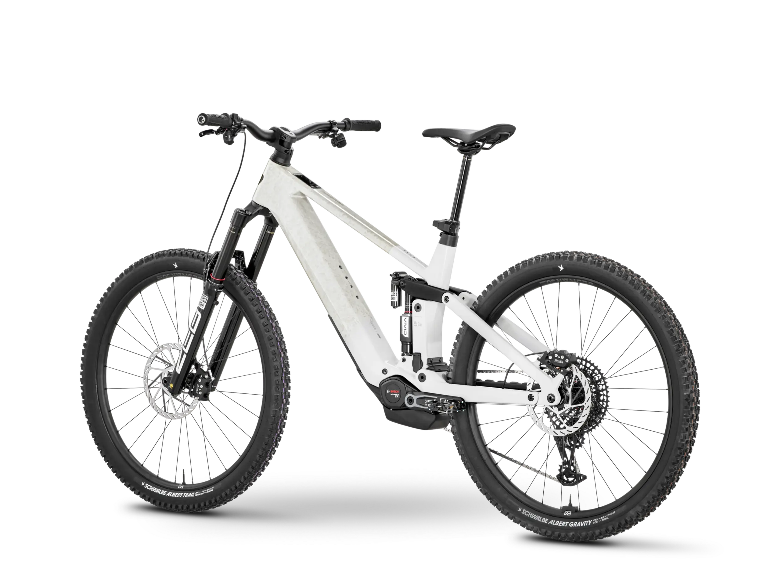 Rose Slab Plus X0 E-Enduro Mountainbike in matt weißer Lackierung, Seitenansicht.