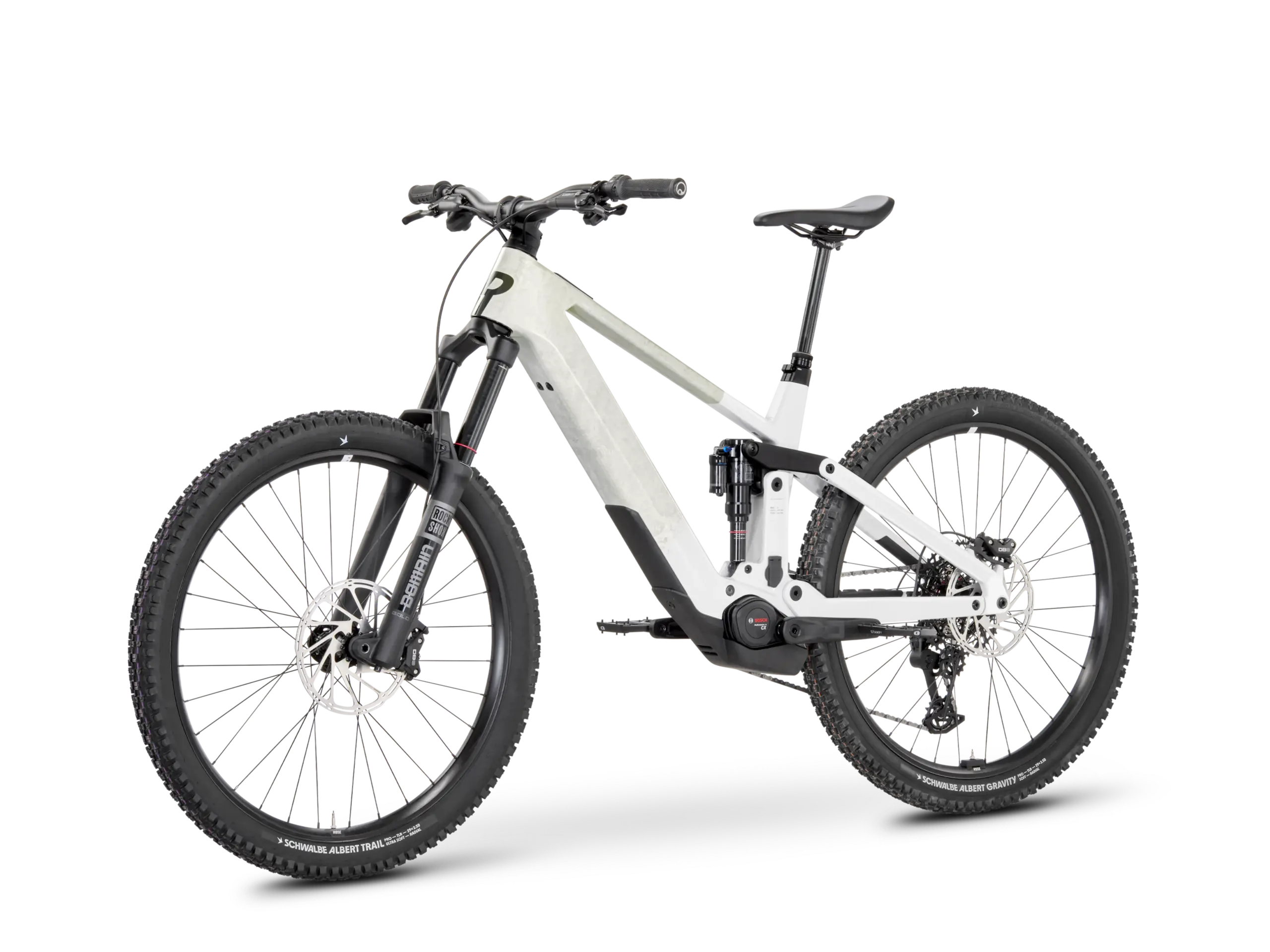 Seitenansicht des Rose Slab Plus 70 E-Mountainbikes in Off-White mit schwarzen Akzenten und Komponenten.