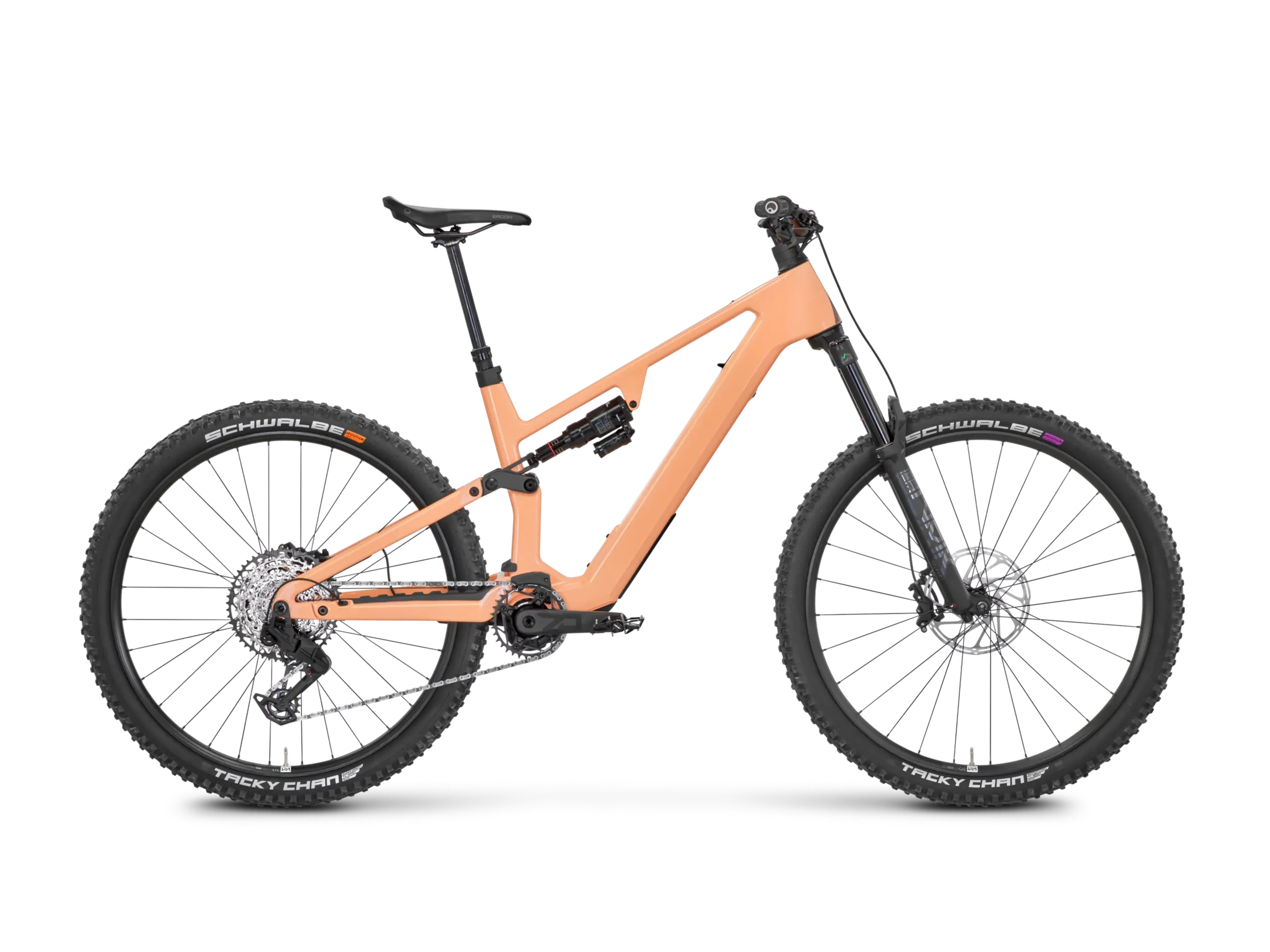 Orangefarbenes Rose File Plus 70 E-Mountainbike mit Vollfederung und Schwalbe Tacky Chan Reifen.