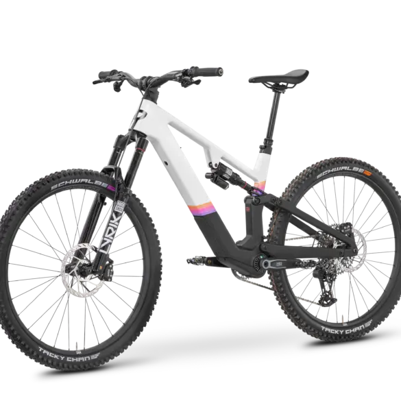 Seitenansicht eines weißen ROSE File Plus X0 E-Mountainbikes mit schwarzen Komponenten und bunten Akzenten am Hinterbau.