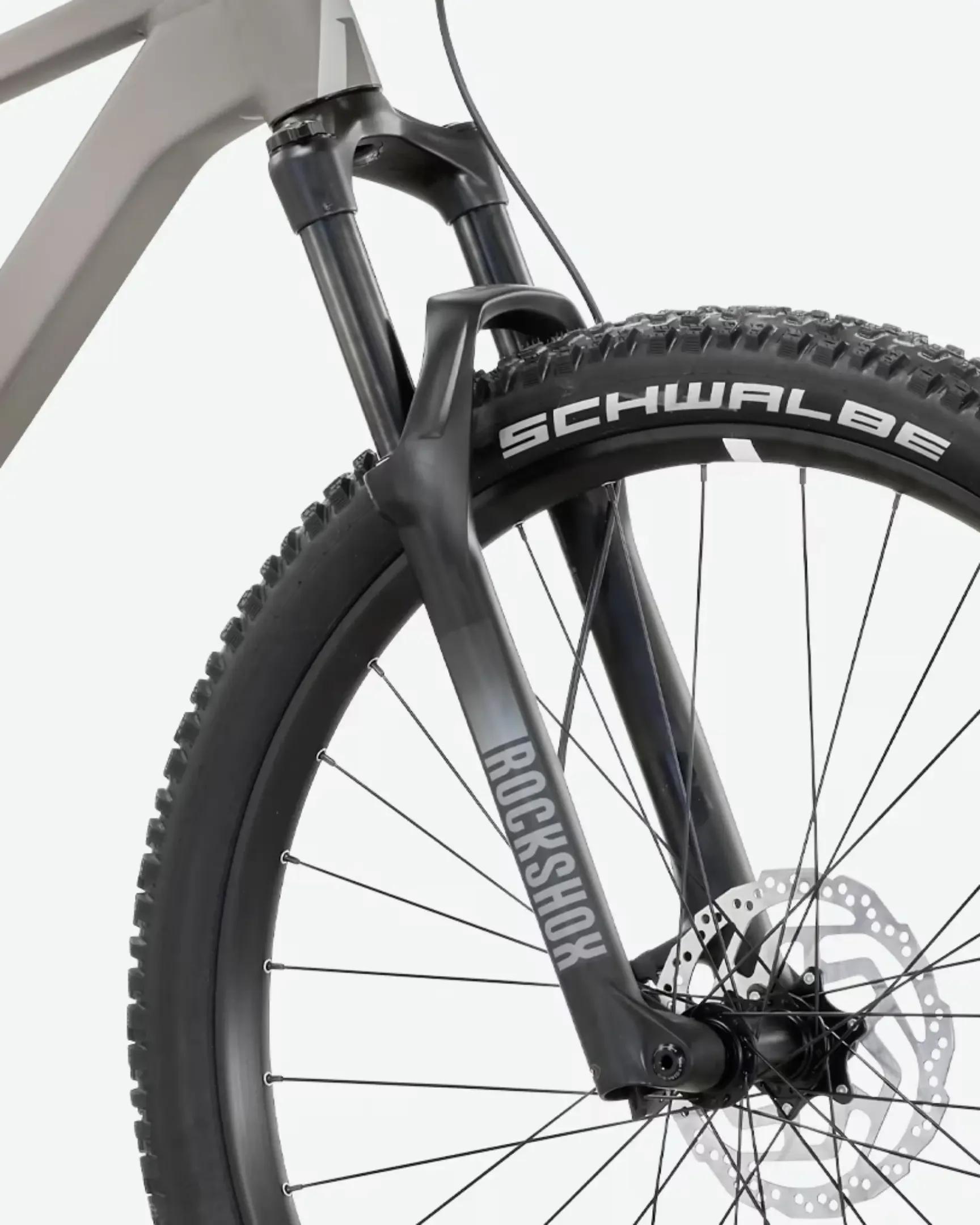 Detailansicht des Rose PDQ AL 1 Mountainbikes, Fokus auf die RockShox Judy Silver Gabel, den vorderen Reifen von Schwalbe Nobby Nic und die Bremsscheibe.