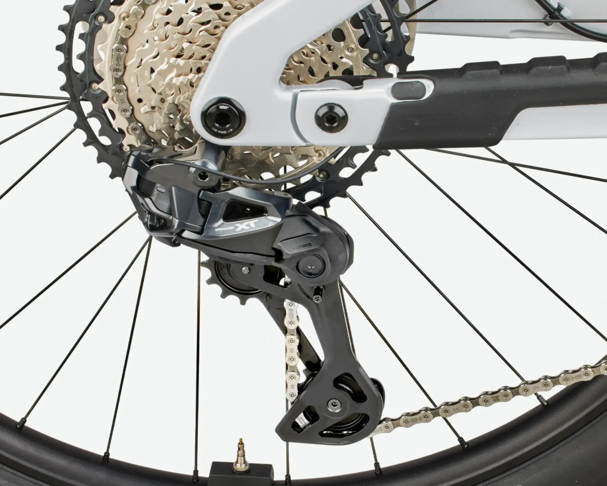 Nahaufnahme des Hinterrads eines E-Mountainbikes mit Fokus auf das Shimano Deore XT Schaltwerk und die Kassette, verbunden mit der Fahrradkette.