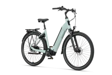 Hellgrünes Batavus Altura PT Pro Exclusive E-Bike mit tiefem Einstieg und Gepäckträger, von vorne seitlich fotografiert.