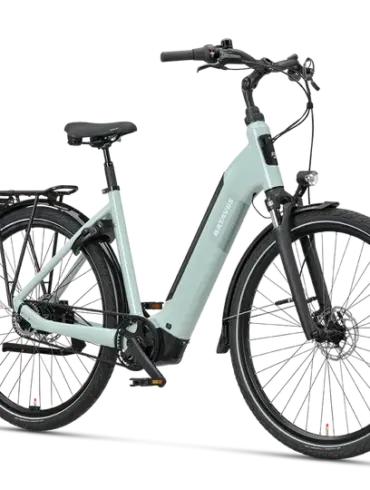Hellgrünes Batavus Altura PT Pro Exclusive E-Bike mit tiefem Einstieg und Gepäckträger, von vorne seitlich fotografiert.
