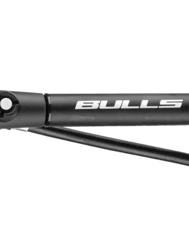Nahaufnahme einer schwarzen Bulls Caliber Shock Pump M Minipumpe mit einem Manometer, das bar und psi anzeigt.