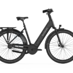 Schwarzes Batavus Finez PT Pro Exclusive Komfort-E-Bike im Seitenprofil, mit Fokus auf den integrierten Akku und den Gepäckträger.