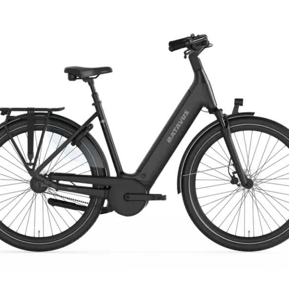 Schwarzes Batavus Finez PT Pro Exclusive Komfort-E-Bike im Seitenprofil, mit Fokus auf den integrierten Akku und den Gepäckträger.
