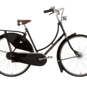 Seitliche Ansicht eines schwarzen Gazelle Tour Populair C7 Fahrrads mit braunem Ledersattel und Gepäckträger.