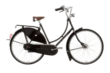 Seitliche Ansicht eines schwarzen Gazelle Tour Populair C7 Fahrrads mit braunem Ledersattel und Gepäckträger.
