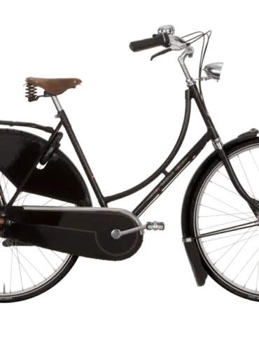 Seitliche Ansicht eines schwarzen Gazelle Tour Populair C7 Fahrrads mit braunem Ledersattel und Gepäckträger.