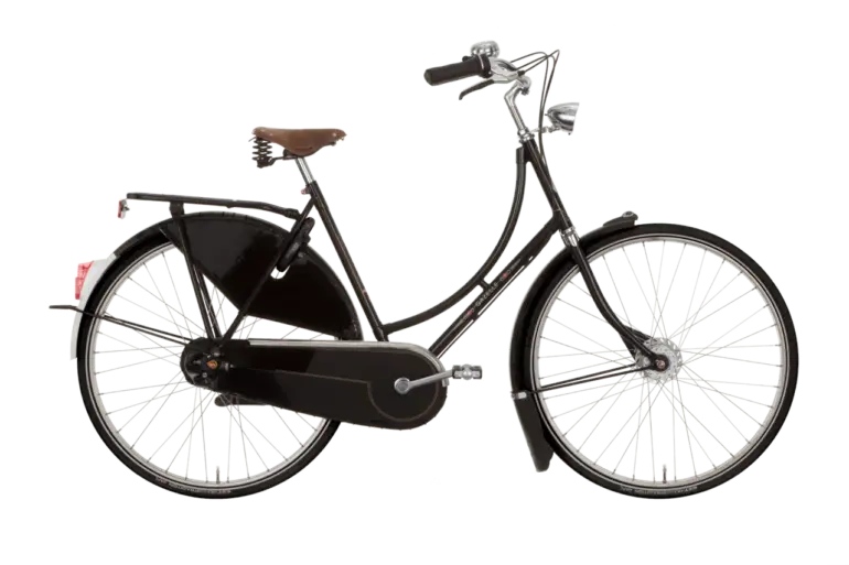 Seitliche Ansicht eines schwarzen Gazelle Tour Populair C7 Fahrrads mit braunem Ledersattel und Gepäckträger.