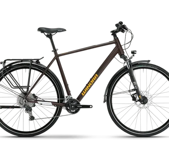 Ein dunkelbraunes Winora Domingo X20 Trekkingrad mit Gepäckträger und Schutzblechen, von der Seite betrachtet.