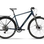 Dunkelblaues Winora Domingo X12 Pro Trekkingrad mit Schaltung, Federgabel und Gepäckträger