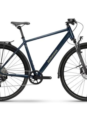 Dunkelblaues Winora Domingo X12 Pro Trekkingrad mit Schaltung, Federgabel und Gepäckträger