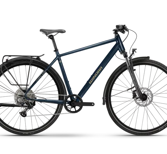 Dunkelblaues Winora Domingo X12 Pro Trekkingrad mit Schaltung, Federgabel und Gepäckträger