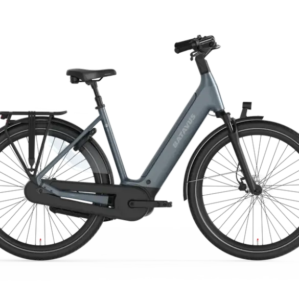 Graues Batavus Finez PT Plus E-Bike in Seitenansicht, mit Fokus auf den Tiefeinstieg-Rahmen und den integrierten Akku.