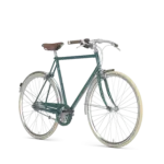 Ein dunkelgrünes Gazelle Van Stael Fahrrad mit braunem Ledersattel und Griffen, silbernen Laufrädern und Schutzblechen, das auf grünem Hintergrund steht.
