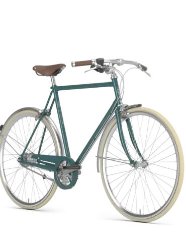 Ein dunkelgrünes Gazelle Van Stael Fahrrad mit braunem Ledersattel und Griffen, silbernen Laufrädern und Schutzblechen, das auf grünem Hintergrund steht.