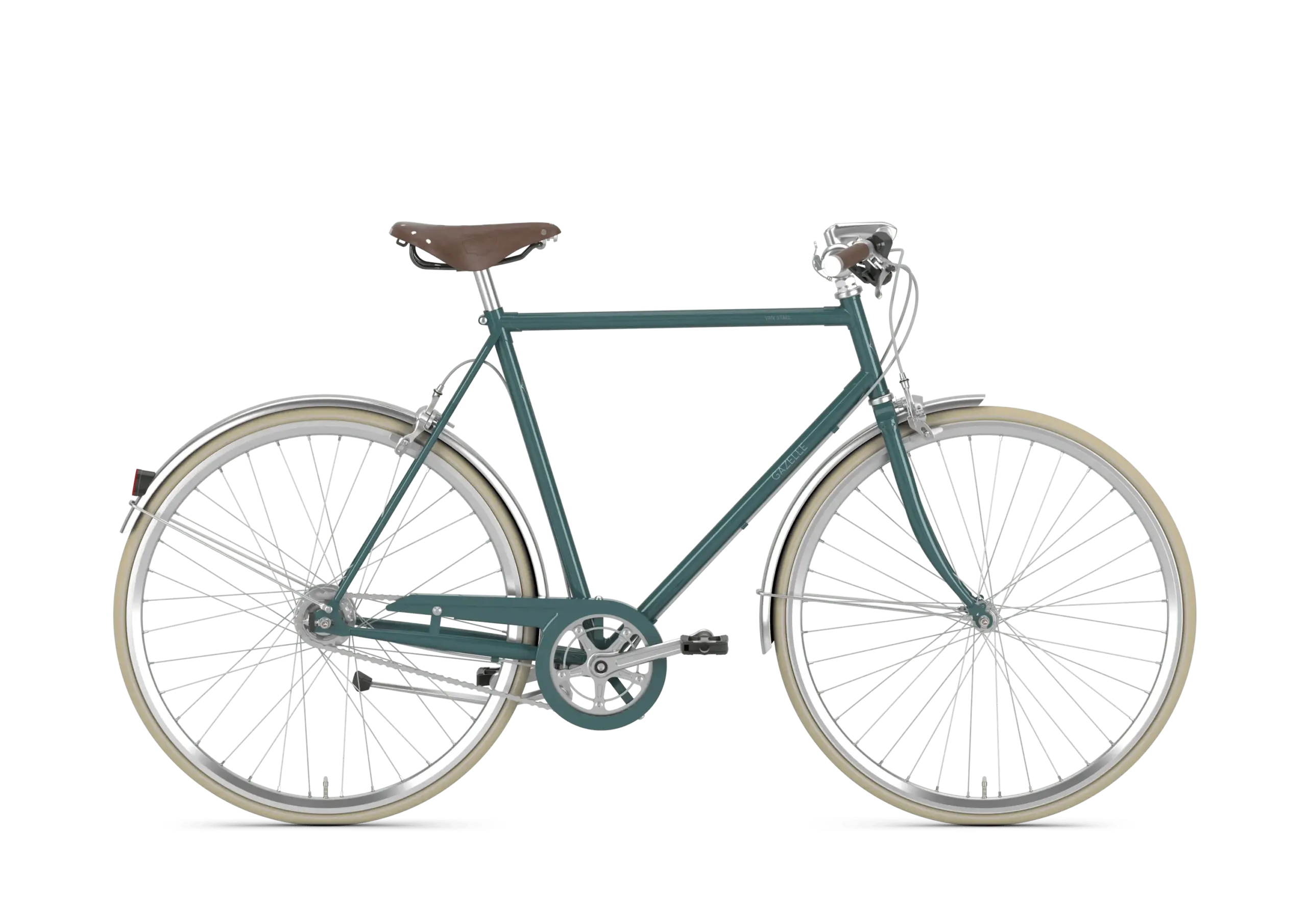 Seitenansicht eines Gazelle Van Stael Fahrrads in Petrol, ausgestattet mit Leder-Sattel und -Griffen, geradem Lenker und Shimano Nexus 7 Nabenschaltung.