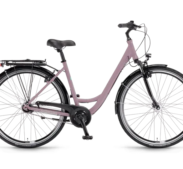 Seitenansicht eines rosafarbenen Winora Hollywood 26 Wave Citybikes mit Gepäckträger, Schutzblechen und Nabenschaltung.