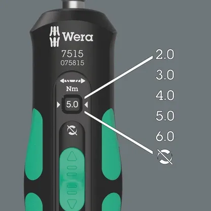 Nahaufnahme des Griffs eines Wera Drehmomentschraubendrehers, der die Einstellung auf 5.0 Nm zeigt.
