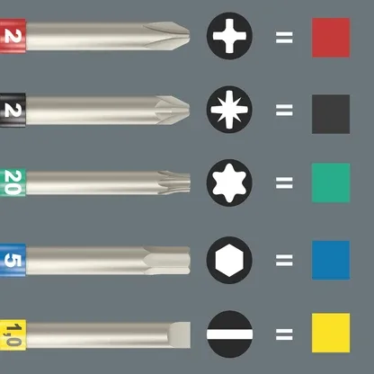 Übersicht verschiedener Bits mit Farbcodierung: Kreuzschlitz PH2 (rot), Torx-Stern (schwarz), Torx TX20 (grün), Innensechskant 5 mm (blau) und Schlitz 1,0 (gelb).