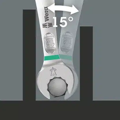Detailansicht eines Wera Joker 6003 Schraubenschlüssels mit der Größenangabe 13, der in einer engen Lücke angesetzt wird und einen 15° Winkel zur Wiederaufnahme demonstriert.