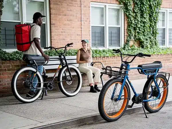 Zwei Ruff Cycles Biggie E-Bikes, eines in Schwarz mit weißem Reifengummi und eines in Blau mit orangen Felgen, stehen auf einem Gehweg vor einem Backsteinhaus. Ein Mann mit einem roten Rucksack auf dem Rücken und eine Frau mit einer Trinkflasche auf einer Sitzbank sind im Bild.