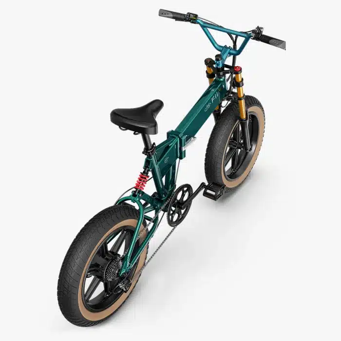 Grünes Fiido M1 Pro Fatbike mit breiten Reifen und Federung von vorne und hinten.