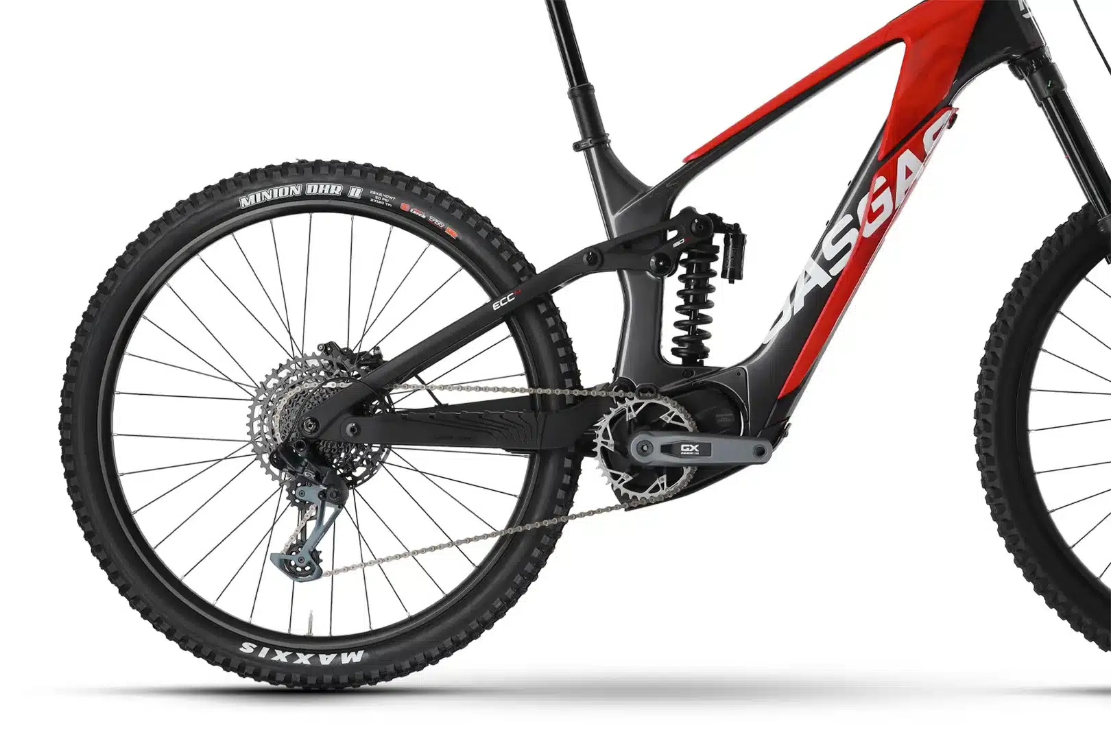 Seitenansicht des GASGAS ECC 4 E-Enduro-Mountainbikes mit Fokus auf den Hinterbau, die Federung und den SRAM GX Eagle Antrieb.