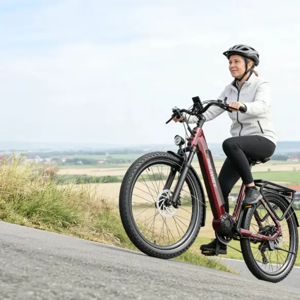 Frau mit Helm auf einem roten Dukawey FUGL3.0 City-E-Bike fährt auf einer Straße bergauf.