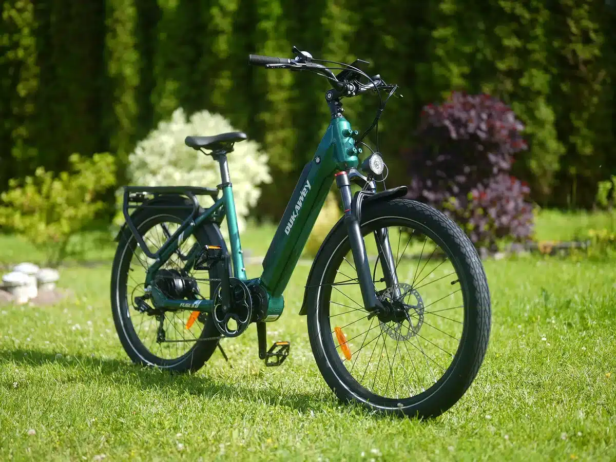 Grünes Dukawey FUGL3.0 E-Bike mit Gepäckträger und tiefem Einstieg, fotografiert im Freien auf Gras mit Bäumen im Hintergrund.