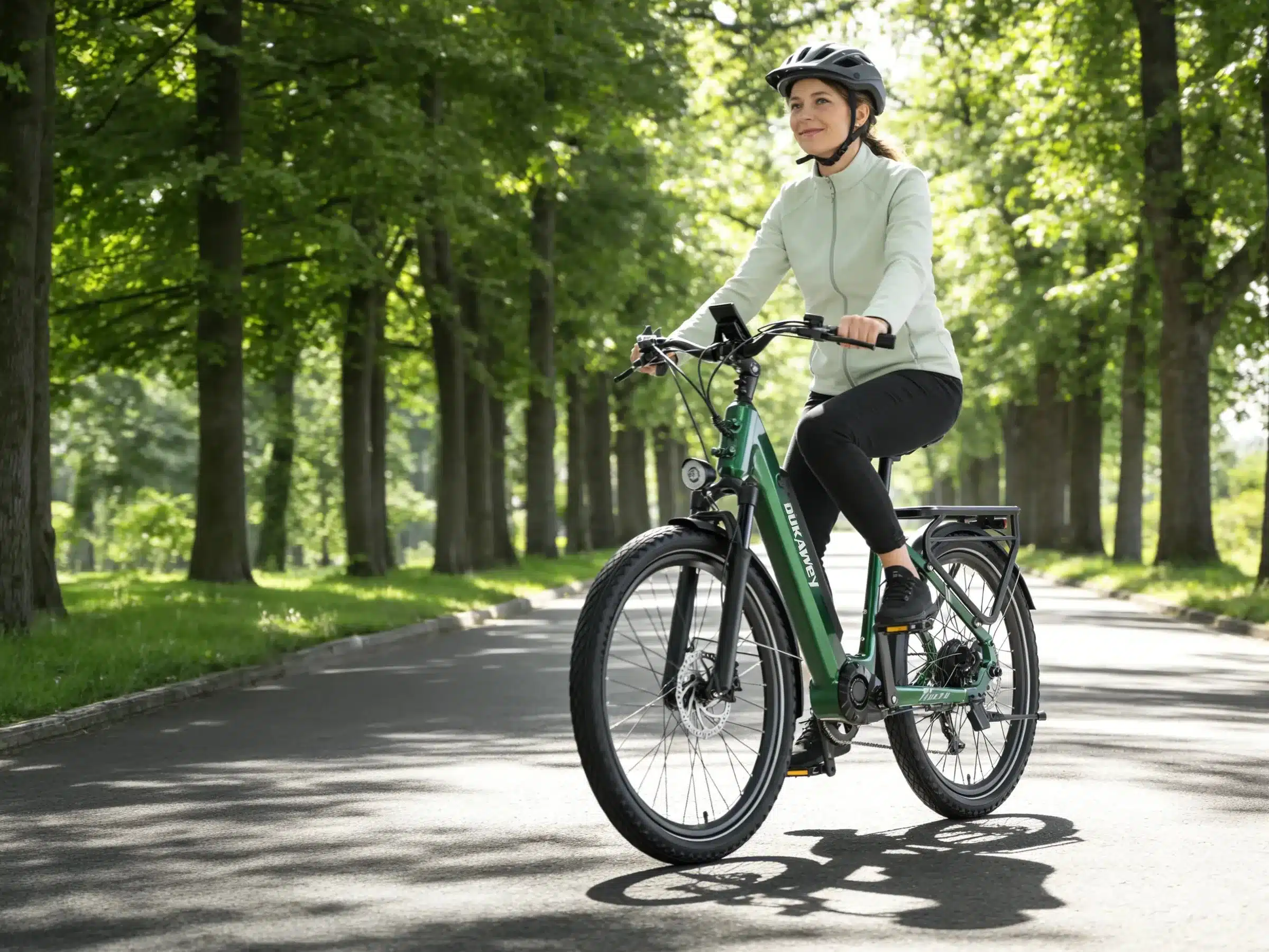 Eine Frau mit Helm fährt ein grünes Dukawey FUGL3.0 Elektrofahrrad auf einer asphaltierten Straße, gesäumt von hohen Bäumen.