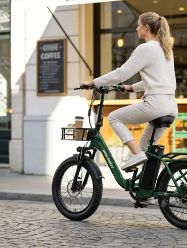 Eine Frau mit Zopf fährt ein grünes Dukawey T20 Pro E-Bike mit Gepäckträger und Frontkorb durch eine europäische Stadtstraße.