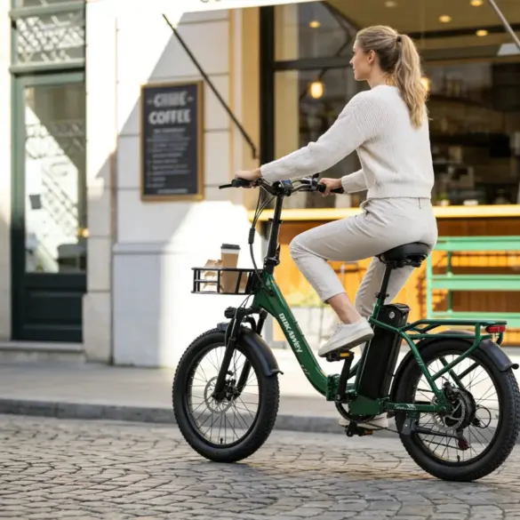 Eine Frau mit Zopf fährt ein grünes Dukawey T20 Pro E-Bike mit Gepäckträger und Frontkorb durch eine europäische Stadtstraße.