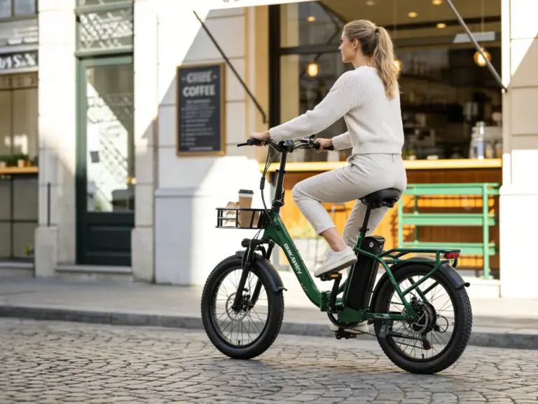 Eine Frau mit Zopf fährt ein grünes Dukawey T20 Pro E-Bike mit Gepäckträger und Frontkorb durch eine europäische Stadtstraße.