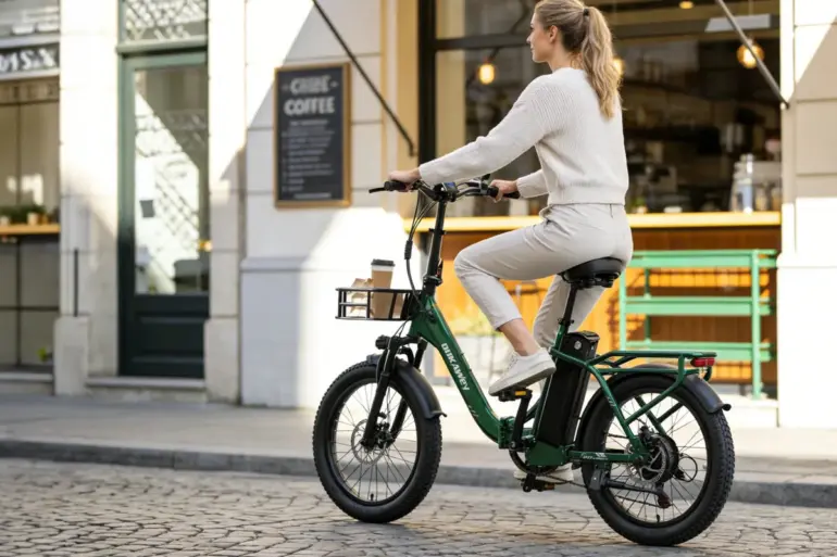 Eine Frau mit Zopf fährt ein grünes Dukawey T20 Pro E-Bike mit Gepäckträger und Frontkorb durch eine europäische Stadtstraße.
