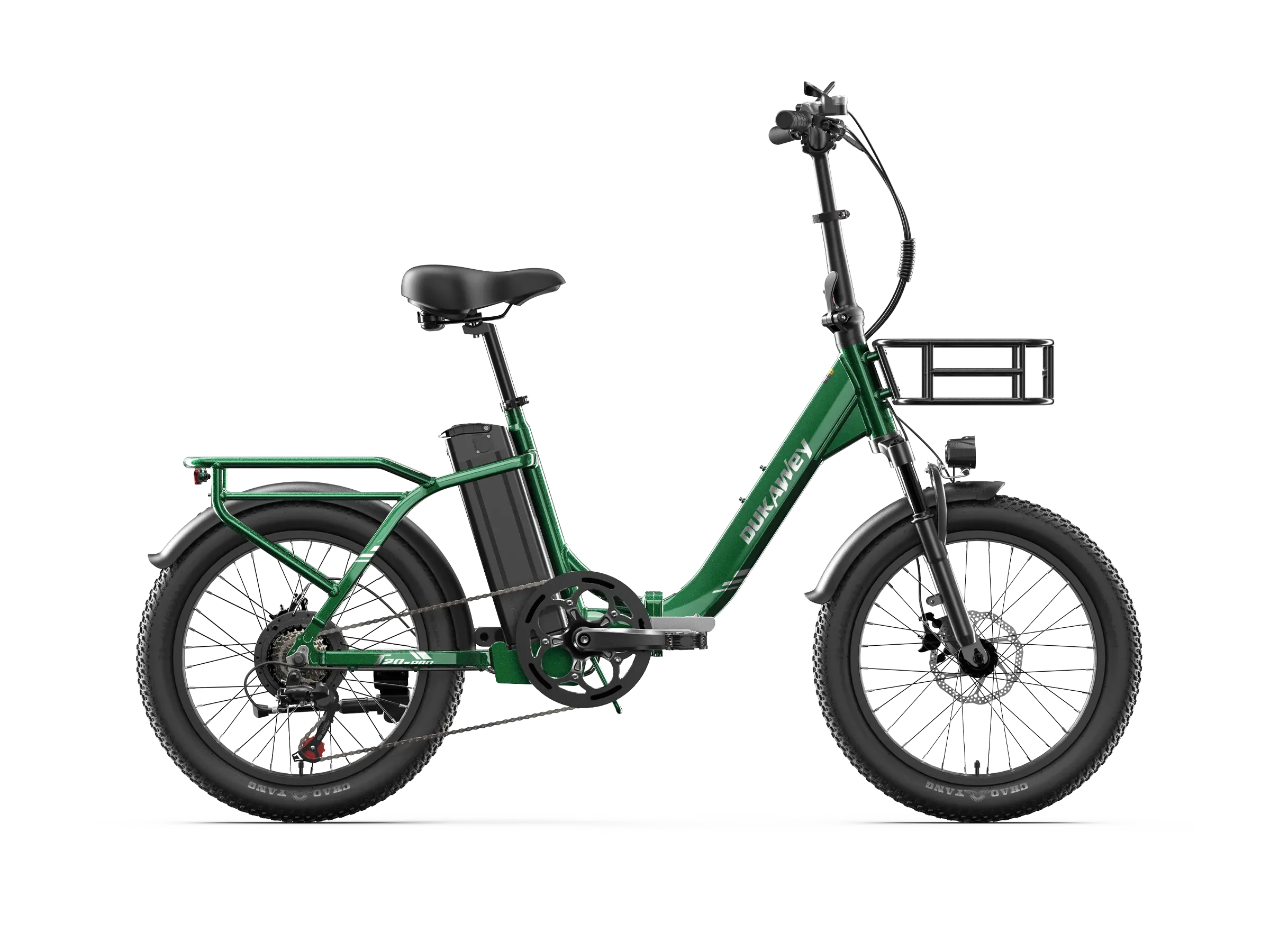Grünes Dukawey T20 Pro faltbares E-Bike mit tiefem Einstieg, integriertem Gepäckträger vorne und hinten, und breiten Reifen, isoliert vor weißem Hintergrund.